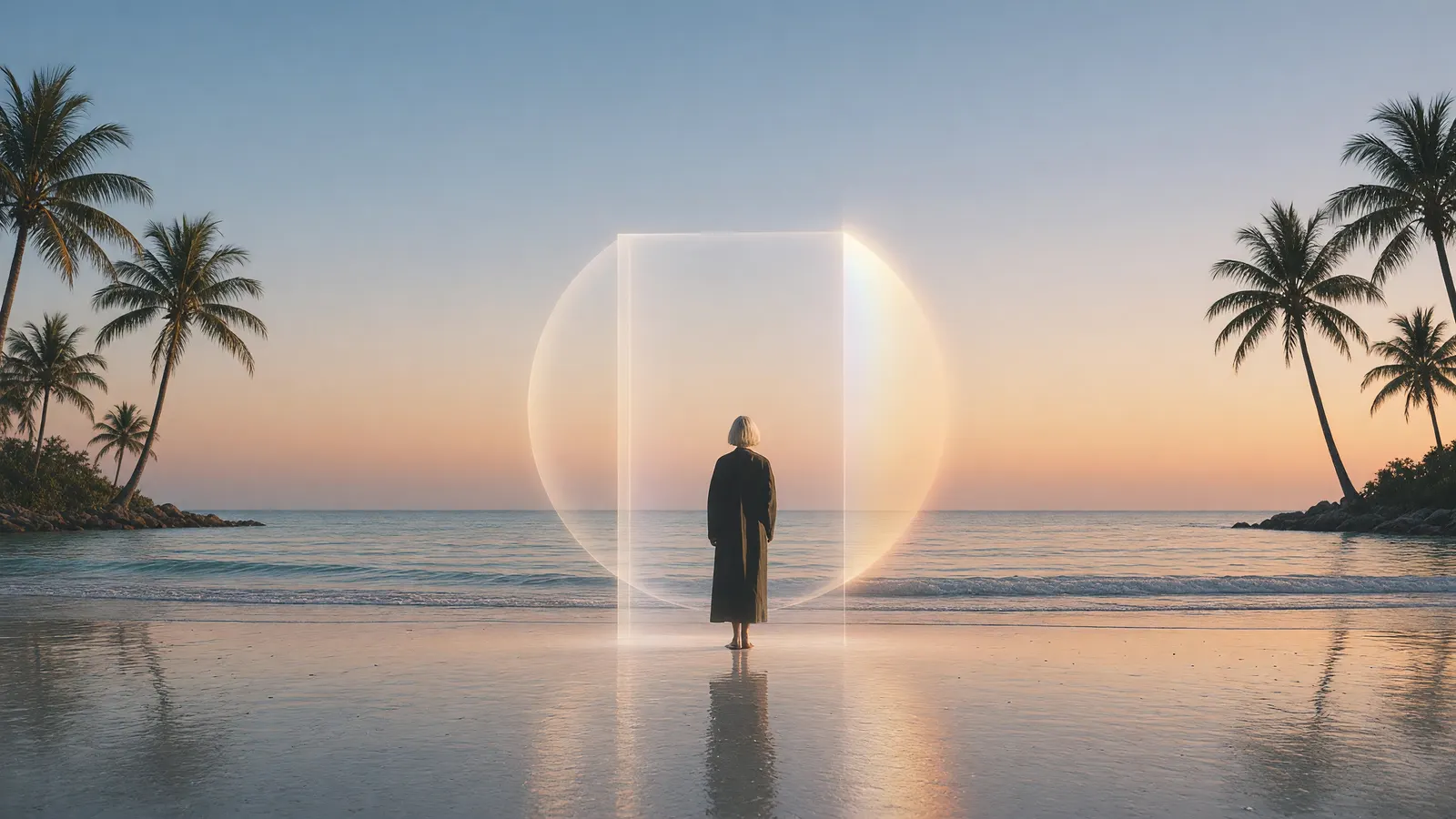 A woman stands before a door of light on a Florida beach at dusk