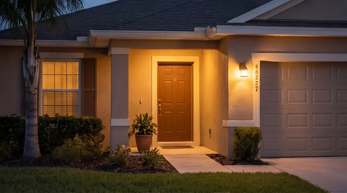 A lit front door in the evening