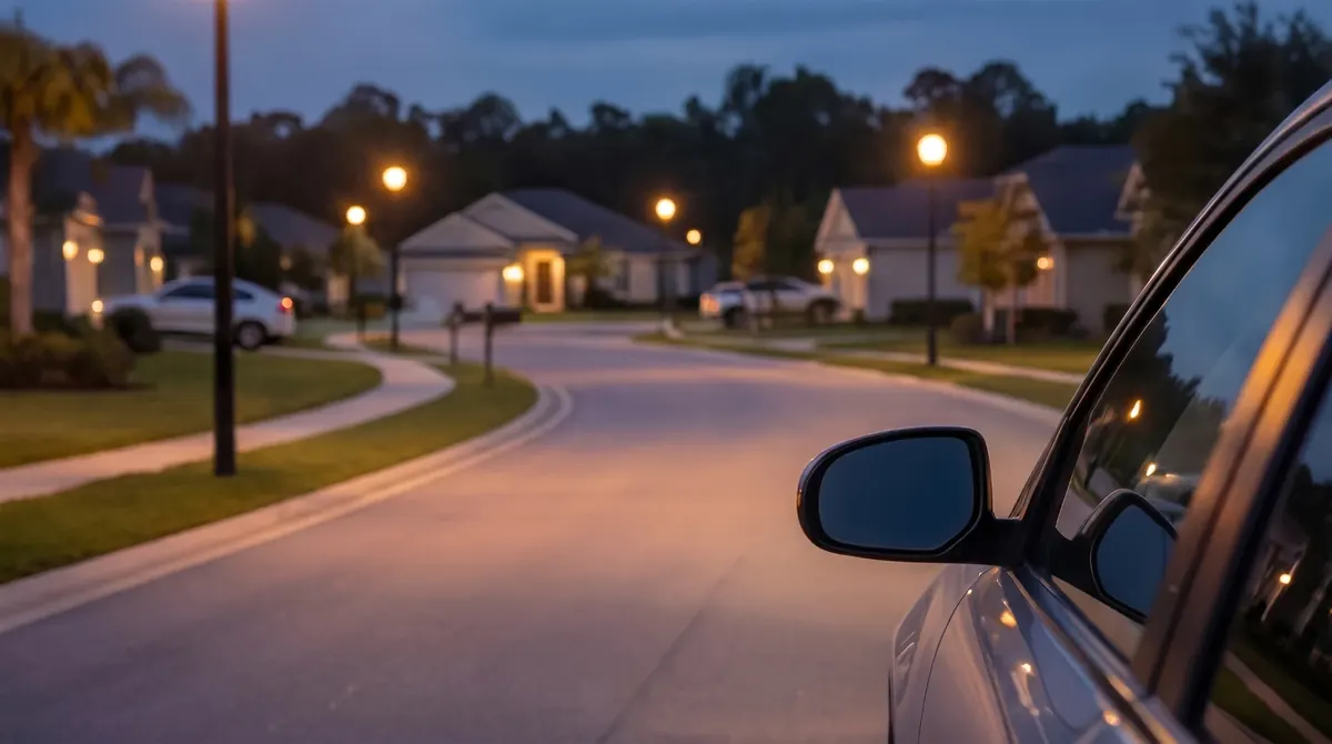 A car parked on a quiet residential street